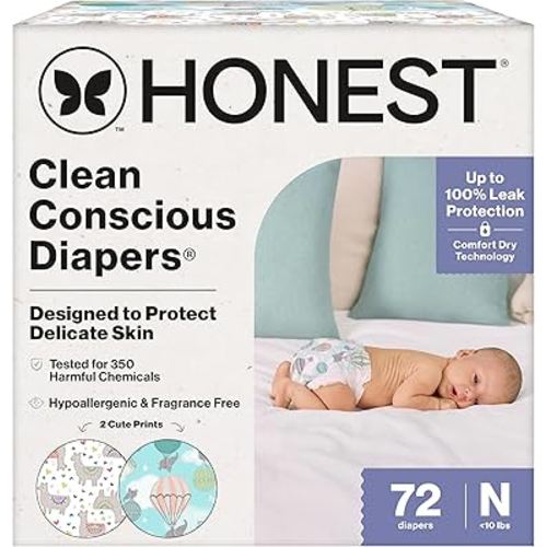 The Honest Company Clean Conscious Diapers for Delicate Skin | Up to 100% Leakproof | Hypoallergenic, Fragrance Free | Gender Neutral | Club Box, Size Newborn, 72 Count (Prints May Vary)