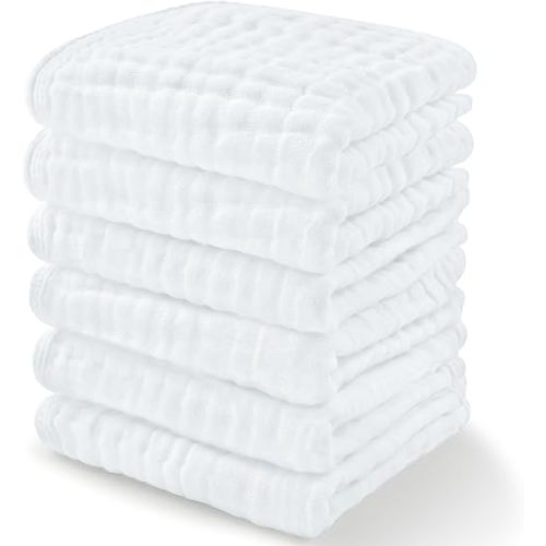 Baby Washcloths, Muslin Cotton Baby Towels, 6 Pack -Large 10”x10” Wash Cloths Soft on Sensitive Skin, Absorbent for Boys & Girls, Newborn Baby & Toddlers Bibs & Burp Cloths Essentials Set, White
