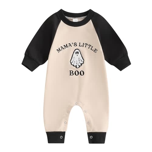 Lamuusaa Newborn Baby Boy Halloween Outfit Mamas Little Boo Embroidery Romper Long Sleeve Ghost Bodysuit Jumpsuit 0-18M