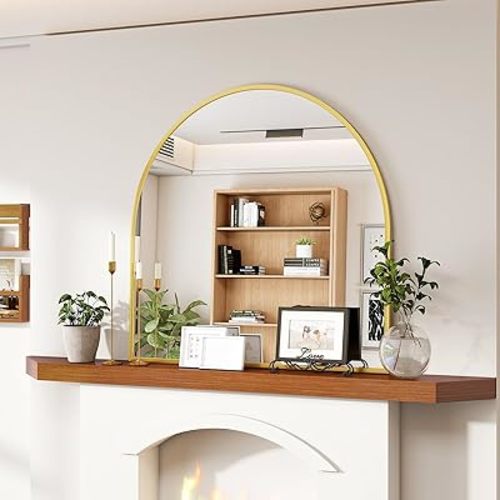 Arched Wall Mirror, 31 x 32 inch Arch Bathroom Mirror, Wall Mounted Vanity Mirror with Arch Metal Frame, Modern Bathroom Vanity Mirror for Bedroom, Living Room, Hanging or Leaning, Gold