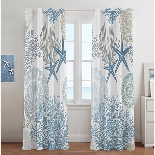 Tritard Coastal Window Curtains Grommet Drapes Nautical Beach Themed Thermal Insulating 50% Light Blocking Privacy Curtain for Living Room, Bedroom 2 Panels Set, 52x84 Inches