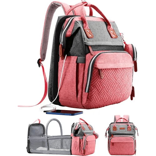 Diaper Bag Backpack with Changing Station, Large Diaper Bag, Baby Bag, Multifunctional Diaper Bag, Pinkgray