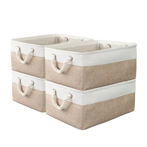 4 Pack Storage Bins & Fabric Storage Basket for Shelves - Decorative Baskets Storage Box Cubes Containers W/Handles for Closet Shelf Garage, Home, Office, Books, Bathroom (Beige/White 4 Pack)