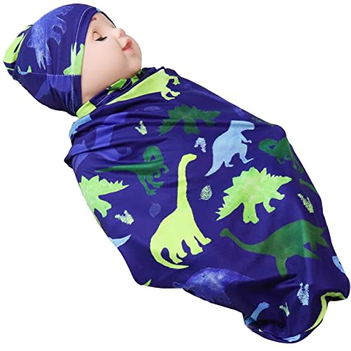 Newborn Swaddle Blanket with Beanie Set,Soft Stretchy Cocoon Sack for 0-3 Months Baby Boys and Girls, Dinosaur