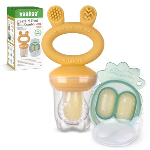 Haakaa Baby Fruit Food Feeder & Mini Freezer Nibble Tray Combo, Breastmilk Popsicle Molds for Baby Cooling Relief, BPA Free Silicone Feeder for Safe Infant Self Feeding, 4 Month+ (Mustard)