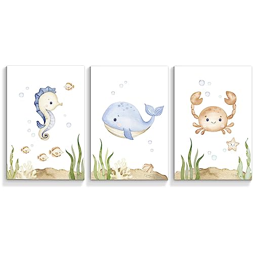 Yuaruo Ocean Animal Nursery Canvas Wall Art, 3 Piece Under The Sea Artwork Poster, Cute Life Aquatic Seahorse Whale Crap Print Painting Decor for Baby Bedroom Playroom Classroom 12x16in Unframed