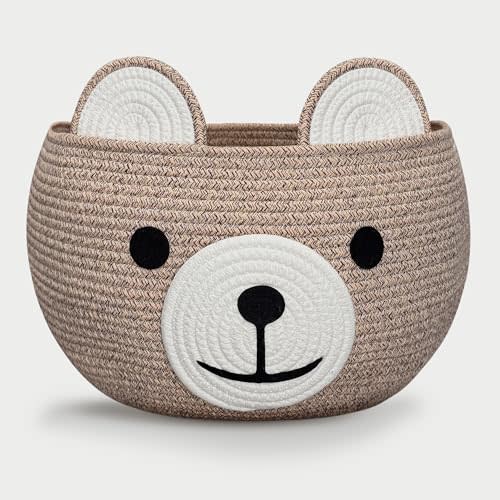 BYLSSNUK Baby Basket for Nursery - Bear Gift Baskets Empty for Kids Baby Shower Baskets for Toys Diaper Caddy Small Woven Rope Storage Basket for Home Décor Easter basket Light Brown, 16" D x 11" H
