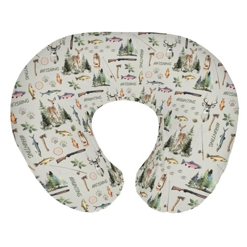 Fishing Hunting Baby Nursing Pillow Covers for Boy Girl Bass Fish Deer Paws Green Trees Nursery Pillowcase for Breastfeeding Pillows Nature Hunting Animals Soft Stretchy Slipcover for Newborn Infant