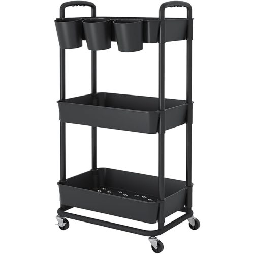 JIUYOTREE 3-Tier Plastic Rolling Storage Cart Utility Cart with Extra Hanging Cups Handles Lockable Wheels for Living Room Bathroom Kitchen Office Black