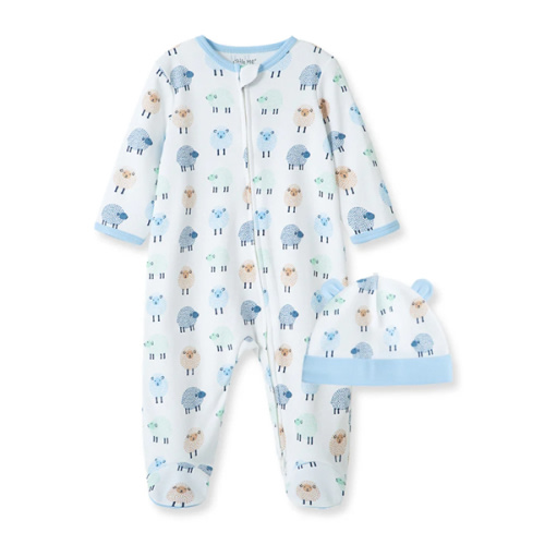 Little Lambs 2-Way-Zip Footed One-Piece and Hat