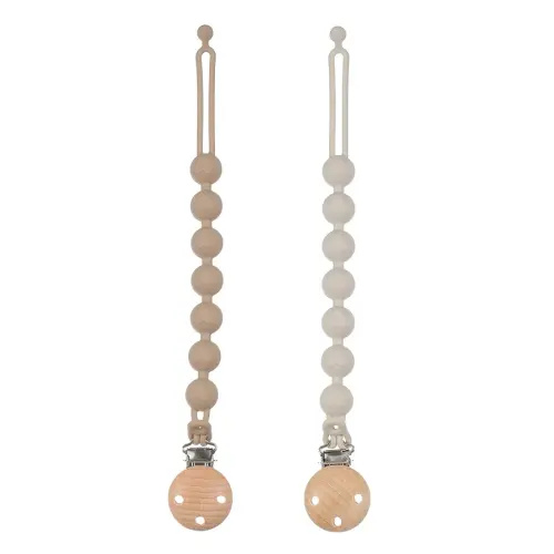 Silicone Pacifier Clips for Baby, 2-in-1 One Piece Design Pacifier Holder & Teething Ring Toy, BPA Free, 2 Pack (Sand+Light Grey)