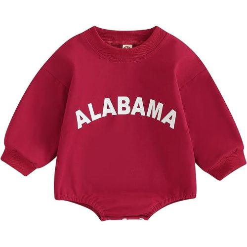 Karuedoo Baby Boy Girl Football Sweatshirt Bubble Romper Oversized Sweater Romper Long Sleeve Bodysuit Outfit Fall Clothes - Red-alabama - 6-12 Months