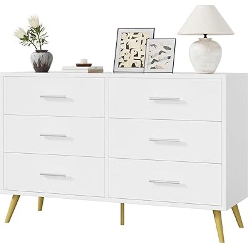 Shintenchi 6 Drawer Dresser, Wide Chest of Drawers Organizer Storage with Drawers, Large Storage Cabinet, Modern Design Dresser for Bedroom, Living Room, Porch, White