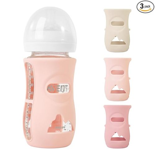 3 Pack Silicone Sleeves for Philips Avent Natural Glass Baby Bottles, Anti Breakage Baby Bottle Holder for Baby Girls, Compatible with Philips Avent Glass Natural Baby Bottle, 8 oz