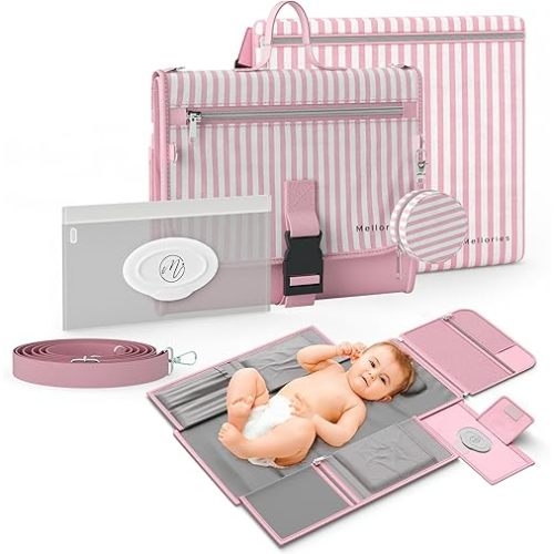 Portable Diaper Changing Pad - Large, Waterproof Travel Changing Pad for Baby with Extra Storage, Wipes Pocket & Pacifier Case - Portable Diaper Changing Station - Pink Striped