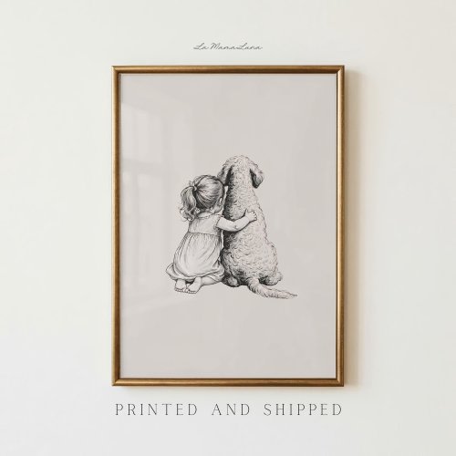 Vintage Girl and Standard Doodle Art Print - Antique Nursery Decor