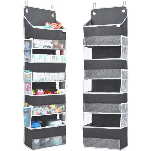 ULG Over Door Organizer with 4 Large Pockets 6 Mesh Side Pockets, 33 lbs Weight Capacity Hanging Storage Organizer with Clear Window for Bedroom Nursery, Kids Toys, Shoes, Diapers, Dark Grey (1 Pack) - 4 Layer