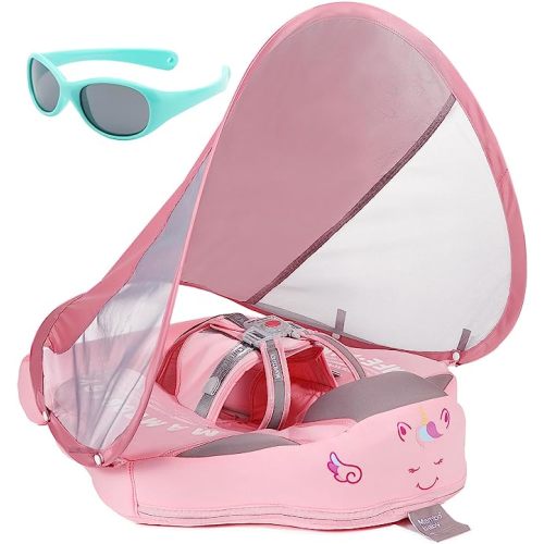 Mambobaby Newest Non Inflatable Baby Float Size Improved Add Tail Avoid Flip Over Swim Trainer Solid Infant Pool Float with Canopy UPF 50+ Swim Ring - Pink Cf