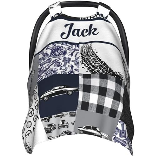 Personalized Baby Car Seat Canopy for Babies, Custom Name Car Seat Covers for Baby Boy, Opening Minky Nursing Breastfeeding Cover for Infant, Carseat Canopies for Newborn (Car Blue)