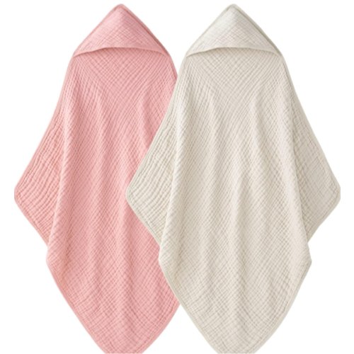 Hooded Baby Towels for Newborn - 2 Pack, 100% Muslin Cotton, Baby Bath Towels with Hood, Soft and Absorbent for Girls Infant, Toddler and Kids, Large 32x32 Inches, Newborn Essential