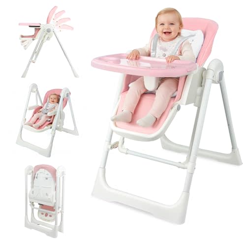 High Chairs for Babies and Toddlers Foldable High Chair Adjustable with Reclining Seat & Leg Rest, 3-in-1 Convertible Baby Swings with Tool-Free Assembly (Pink)