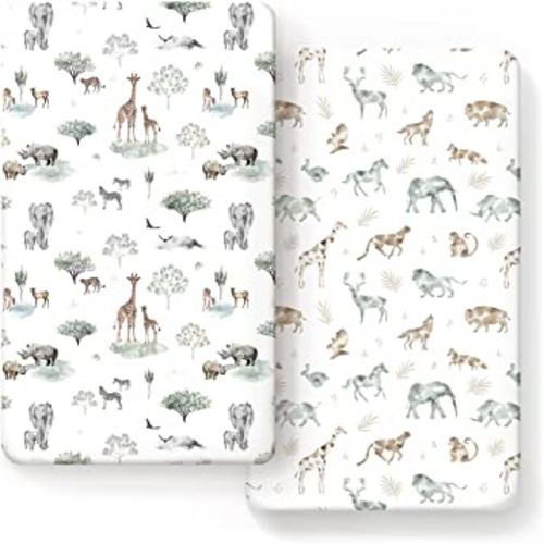 Stretch Ultra Soft Jersey Knit Fitted Crib Sheets Set 2 Pack,Fit All Standard Crib Mattress Pads Safe and Snug, Crib Fitted Sheet for Baby, Stylish African Savannah Animals Pattern