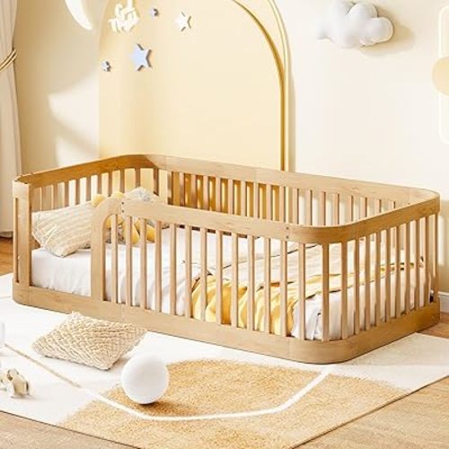 Twin Size Floor Bed with Door Montessori Floor Beds with Fence Railings & Support Slats for Kids Twin Floor Bed Frame for Boys, Girls, No Box Spring Needed, Natural