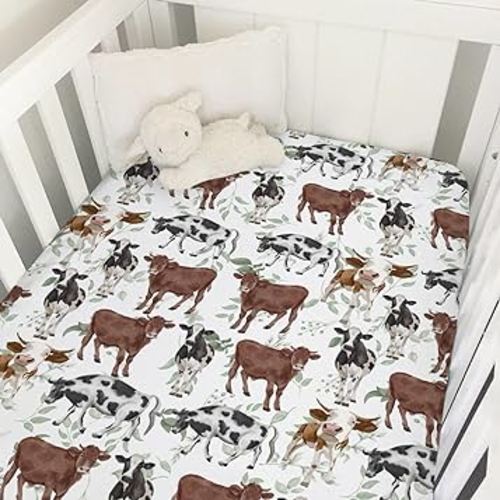 Watercolor Cows Green Leaves Baby Crib Sheets 52''x28'' Farm Cows Cattle Yak Fitted Crib Mattress Cover Sheets for Boy Girl Nursery Toddler Bed Sheets for Standard Crib and Toddler Mattresses