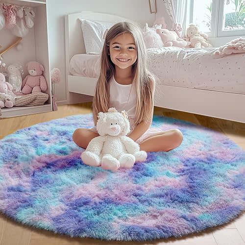 ONASAR Rainbow Round Area Rug 4ft, Soft Bedroom Circle Throw Rugs for Kids Girls Boys Teen Dorm Room, Fluffy Plush Shaggy Carpet Mats for Nursery Living Room Playroom Home Decor Princess Castle