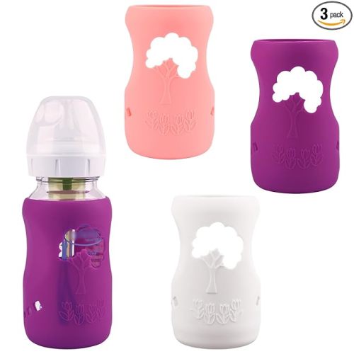 3 Pack Silicone Sleeves for Dr. Brown's Natural Glass Baby Bottles, Anti Breakage Baby Bottle Holder, Compatible Dr. Brown Wide-Neck Glass Baby Bottles 9 oz (White+Pink+Purple)