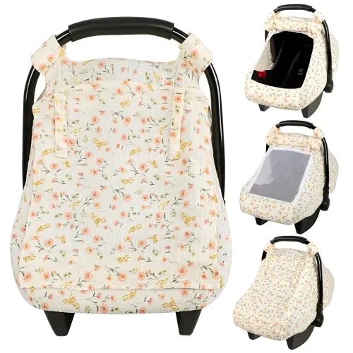 Summer Baby Car Seat Cover, Muslin Carseat Cover for Infant Boys Girls with Large Mesh Window, Breathable Newborn Car Seat Canopy, Red Flower