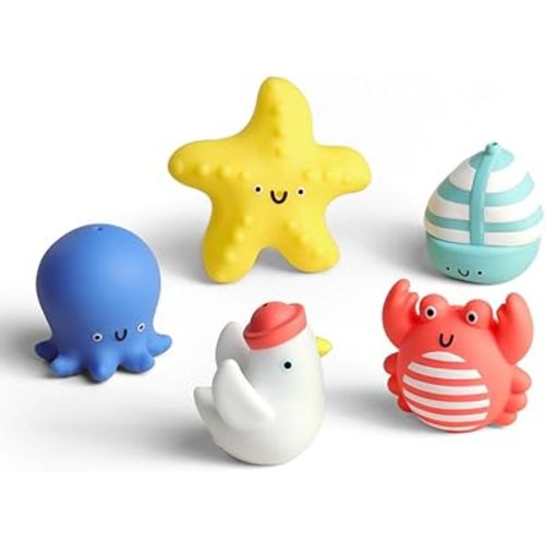 Itzy Ritzy Finger Puppet Bath Toy Set– 5-Piece Set Includes 4 Soft Finger Puppets & 1 Water-Squirting Bath Toy – Fun Characters Offer Interactive & Imaginative Play – for 6 Months and Up - Seaside