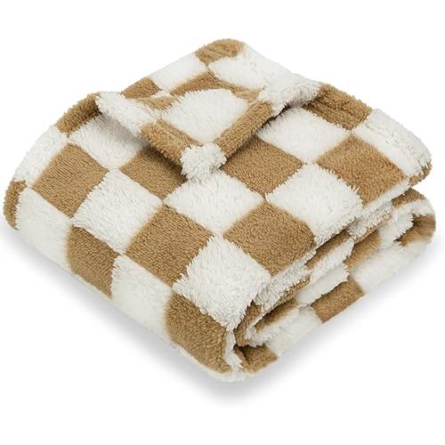 HOMRITAR Super Soft Baby Blankets for Boys Girls Warm Cozy Reversible Checkerboard Toddlers Blanket, Fluffy Fuzzy Plush Lightweight Bed Blanket with Chessboard Grid Design 350GSM Khaki 30 x 40 Inch