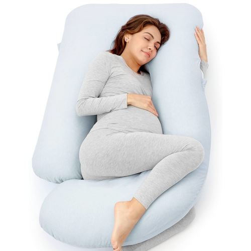 Momcozy Pregnancy Pillows for Sleeping, U Shaped Full Body Pillow 57 Inch for Pregnant Women with Back, Hip, Leg, Belly Support, Washable Jersey Cotton Cover Included, Light Blue