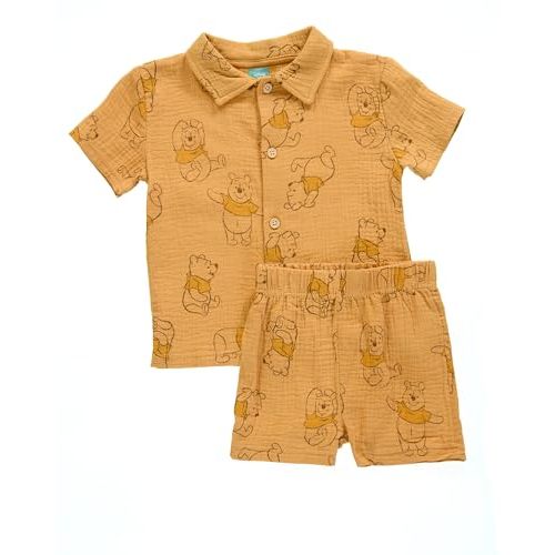 Disney Baby Boys Short Set - Winnie the Pooh, Mickey Mouse, Lilo & Stitch Button Down Short Set for Infants (12M-24M)