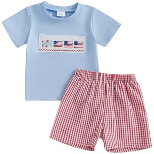 Baby Boy 4th of July Outfits American Flag Short Sleeve Shirt Plaid Shorts Fourth of July Toddler Clothes