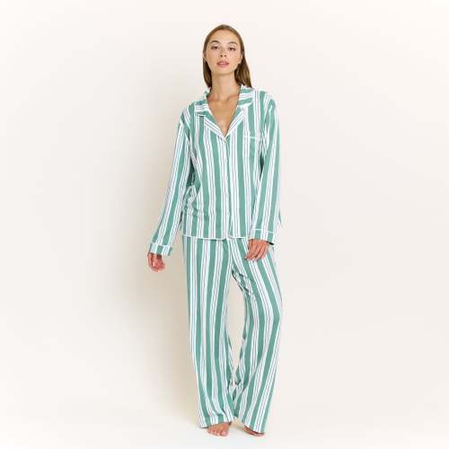 Quiet Night Long PJ Set in Jade Mist Cream Stripe