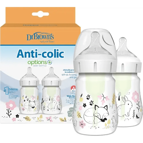 Dr. Brown’s Natural Flow Anti-Colic Options+ Wide-Neck Baby Bottle Designer Edition Bottles, Woodland Decos, 5 oz/150 mL, Level 1 Nipple, 2-Pack, 0m+