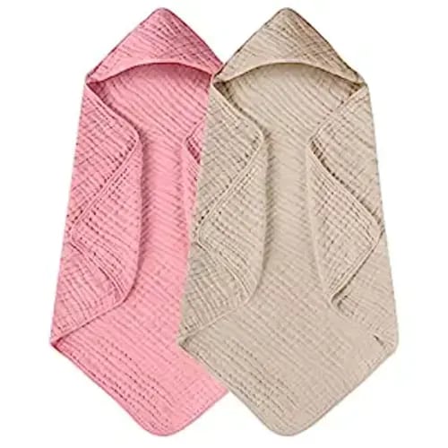 Yoofoss Hooded Baby Towels for Newborn 2 Pack 100% Muslin Cotton Baby Bath Towel with Hood for Babies, Infant, Toddler and Kids, Large 32x32Inch, Soft and Absorbent Newborn Essential - Beige & Bean Paste