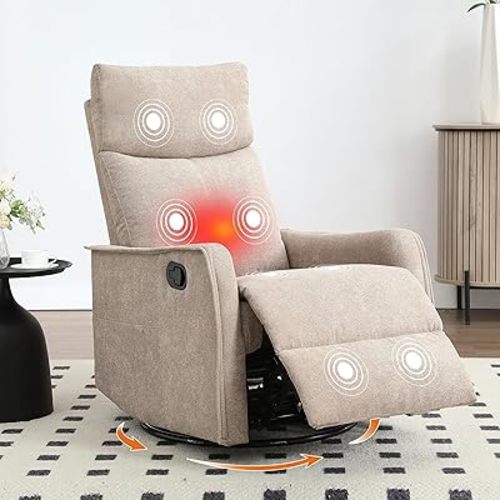 Manual Rocker Swivel Recliner Chair for Adults, Overstuffed Recliner Glider with Massage and Heat, Comfy Soft Fabric, Living Room Reclining Sofa Chair, Khaki