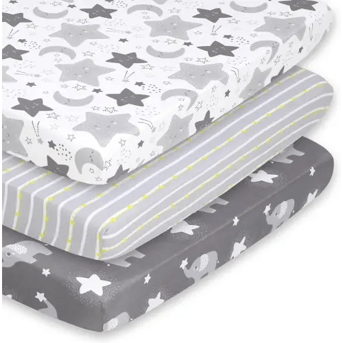 The Peanutshell Mini Crib Fitted Sheets Set, Playard, Pack Play Sheets, Playpen, Elephant Stars