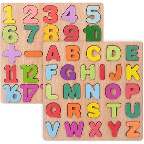 Wooden Puzzles for Toddlers, Alphabet Puzzle and Number Puzzle, Preschool Educational Learning Toys with Chunky Wood ABC Puzzle Board, for Girls Boys Kindergarten