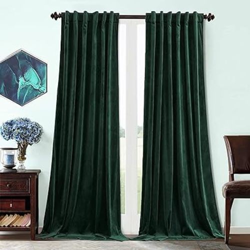 Benedeco Dark Green Velvet Curtains for Bedroom Window with Back Tab, Super Soft Vintage Luxury Heavy Drapes, Room Darkening Thermal Insulated Curtain for Living Room, W52 by L84 inches, 2 Panels - Dark Green-1 - W52 * L84 | 2 Panels