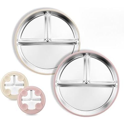 Stainless Steel Baby Plate with Suction, 8” Divided Toddler Plates with Removable Silicone Sleeves for Kids, Non-Toxic Non-Slip Unbreakable Dishwasher Safe Dinnerware Set of 2, Pink & Beige