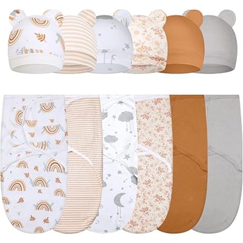 Ramede 6 Pack Baby Swaddle Blanket with Hats Sleep Swaddle for 0-3 Months Newborn Sacks Soft Cotton Wearable for Boy Girl