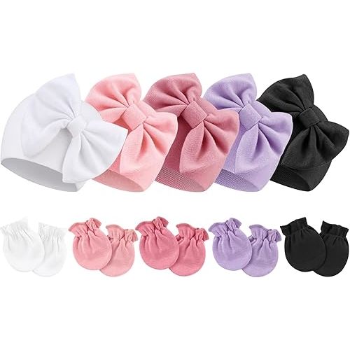 BQUBO Newborn Baby Girls Hats Mittens Set Hospital Hat Beanie Infant Bow Hats Baby Cotton Gloves for 0-6 Months