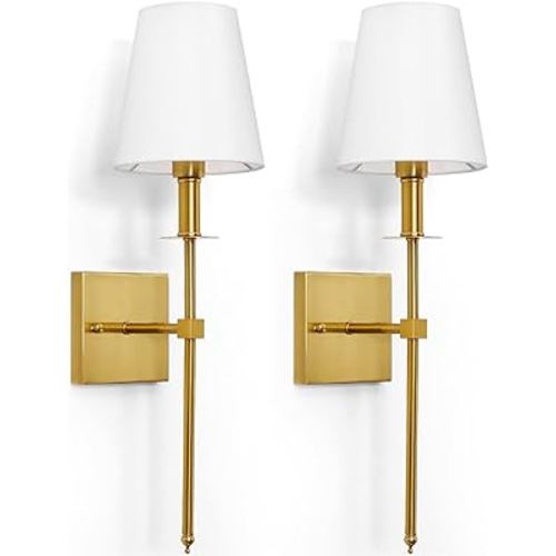 KARTOOSH Wall Sconces Set of 2, Hardwired Gold Sconces Wall Lighting, Dimmable Indoor Metal Slim Light Sconces with Fabric Shades for Wall Decor, Bedroom, Living Room - E12 Bulbs (Not Included)