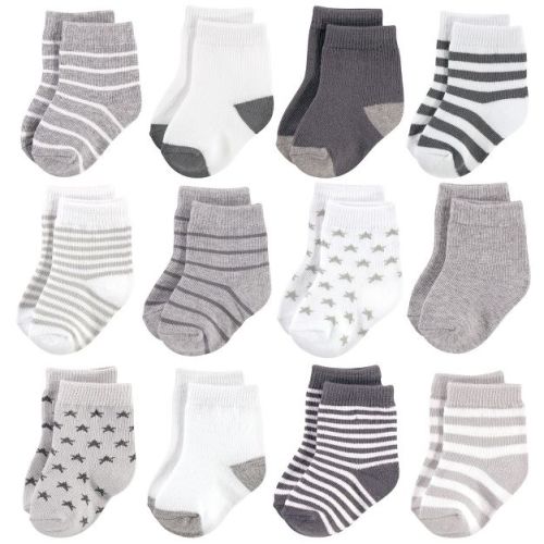 Hudson Baby Infant Unisex Cotton Rich Newborn And Terry Socks, Gray White Star, 0-6 Months