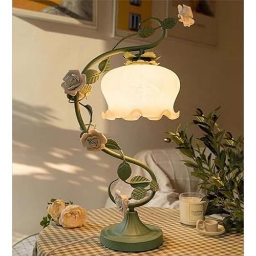 TFCFL Rose Flower Table Lamp for Bedroom, Stained Glass Desk Lamp Elegant Flower Plug-in Table Lamp Light Bedside Nightstand Lamp E26 Bulb Base 60W Max for Bedroom (Green)
