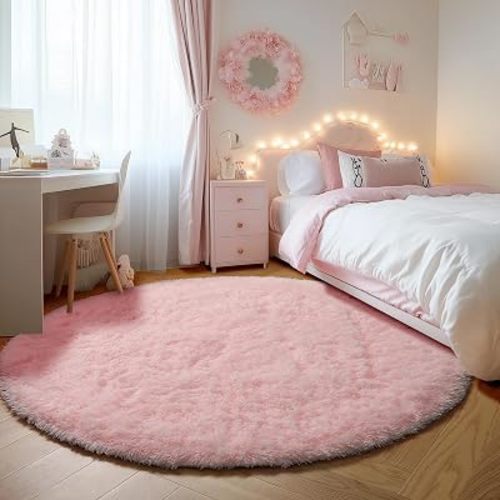 ONASAR Light Pink Round Area Rugs 5ft for Bedroom Living Room, Fluffy Circle Rug for Kids Girls Boys Teen, Soft Plush Shaggy Carpet for Nursery Dorm Classroom Playroom Home Decor Aesthetic